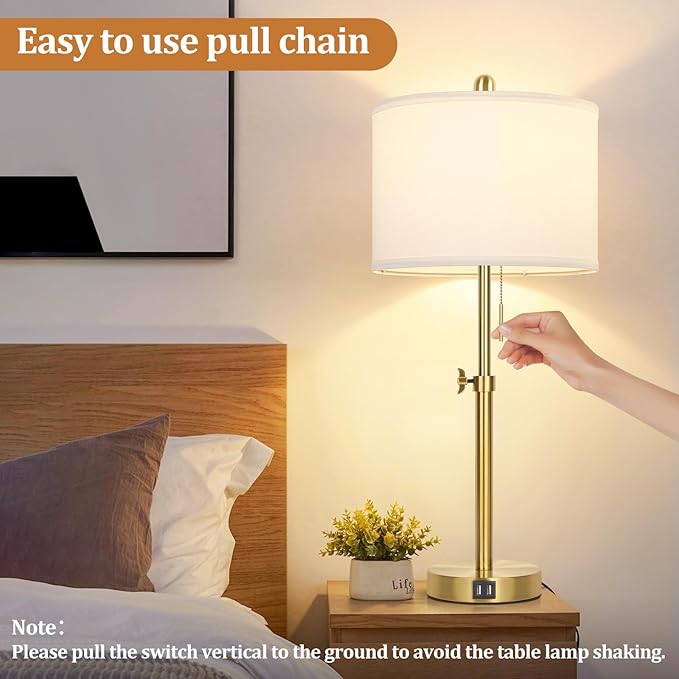 Kondras Table Lamp Set of 2, Bedside Lamp with 2 USB Ports, Gold Tall Table Lamp for Living Room End Tables, 23" to 30" Height Adjustable Lamp for Bedroom, Farmhouse Table Lamps with Pull Chain, E26