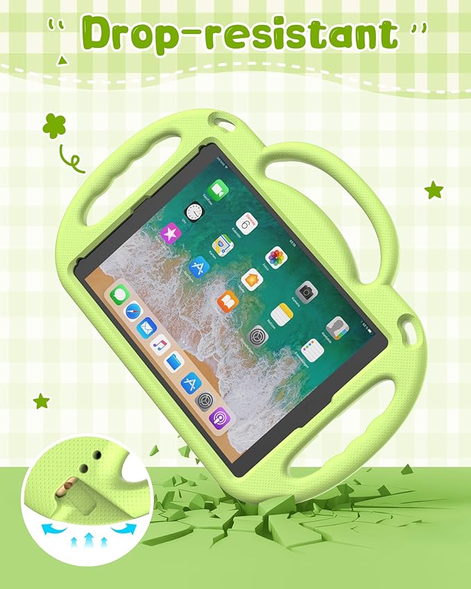 Kids Case for iPad 5th/6th Generation (9.7 inch, 2017/2018) & iPad Air 1/2 9.7" & Pro 9.7, Durable Shockproof Lightweight Kids Cover with Shoulder Strap/Handle/Kickstand, Light Green