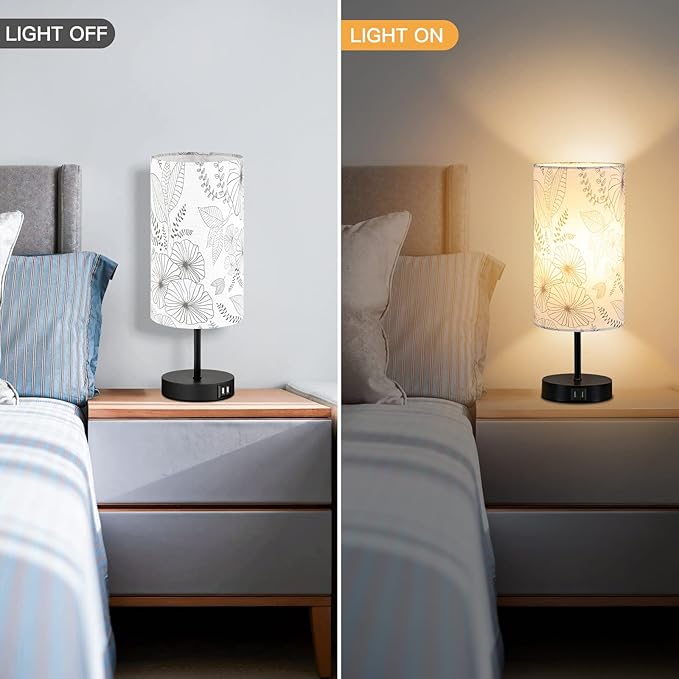CINSARY Touch Control Bedside Lamp with 2 USB Ports, 3-Way Dimmable Table lamp for Bedroom, Nightstand Lamp with Round Flower Fabric Shade for Living Room Home Office (E26 LED Bulb Included)