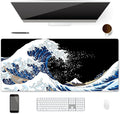 XXL Waterproof Office Desk Pad Protector 35.4x15.7 Inch - Extended Gaming Mouse Pad with Non-Slip Rubber Base, Thickened Keyboard Mat, Stitched Edges & Black Wave Design