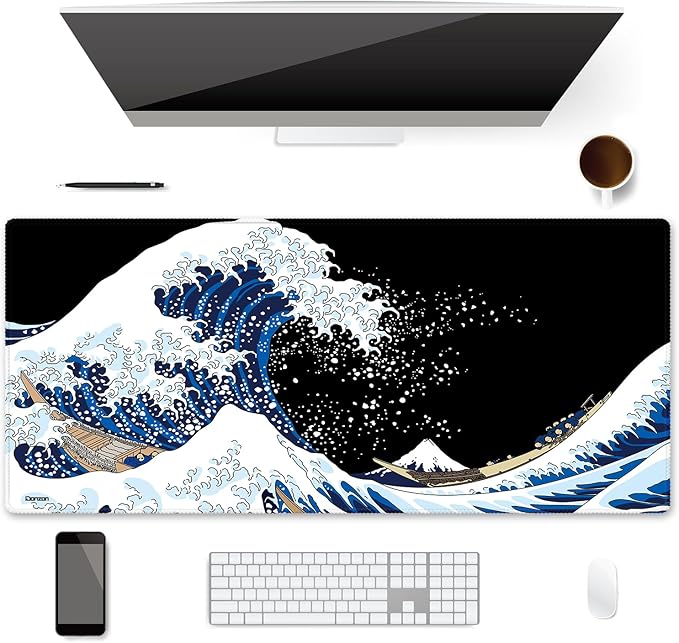 XXL Waterproof Office Desk Pad Protector 35.4x15.7 Inch - Extended Gaming Mouse Pad with Non-Slip Rubber Base, Thickened Keyboard Mat, Stitched Edges & Black Wave Design