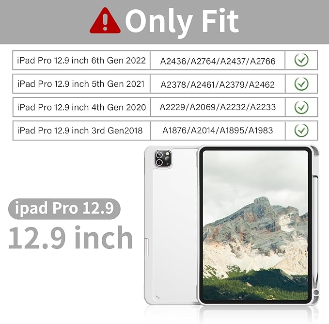 Case for iPad Pro 12.9 Inch (6th/5th/4th/3rd Generation 2022/2021/2020/2018) with Pencil Holder, Clear Transparent Back Shell Slim Stand Shockproof Tablet Cover, Auto Wake/Sleep, Gray