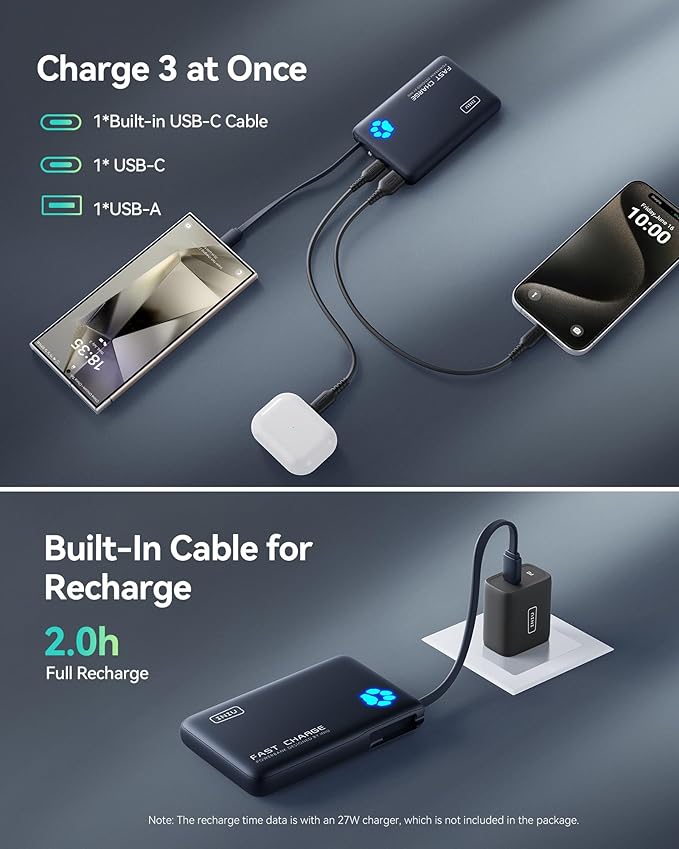 INIU PawGo Portable Charger, 45W PD 10000mAh Slim Power Bank with Built-in USB-C, Travel Airplane Camping Hiking, for Family Commuter Students Photographers