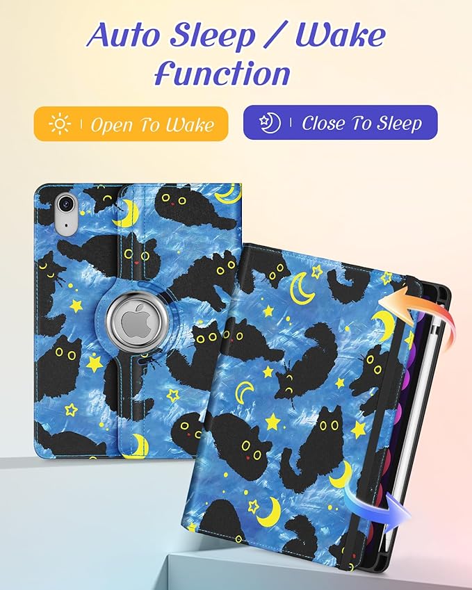 Kidcube for iPad mini 7 Case A17 Pro 2024, for iPad mini 6th Generation Case 8.3 Inch - Women Girls Cute Rotating Stand Folio Cover with Pencil Holder & Card Slot Girly Cat Stars Blue Teen Cover