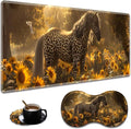 Ergonomic Sunflower Horse Leopard Print Extended Mouse Pad 31.5" x 11.8" Set, with Wrist Rest & Lace Coasters, Pain Relief Design, Non-Slip Desk Mat for Home & Gaming