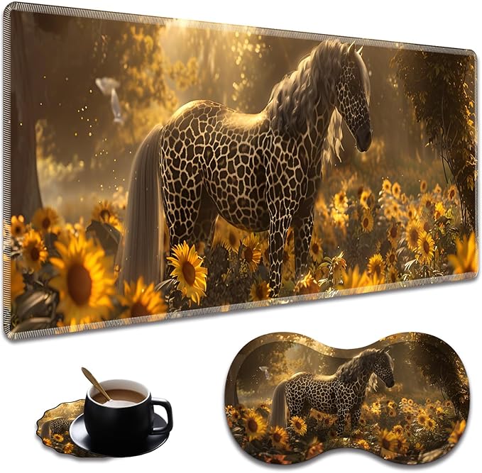 Ergonomic Sunflower Horse Leopard Print Extended Mouse Pad 31.5" x 11.8" Set, with Wrist Rest & Lace Coasters, Pain Relief Design, Non-Slip Desk Mat for Home & Gaming