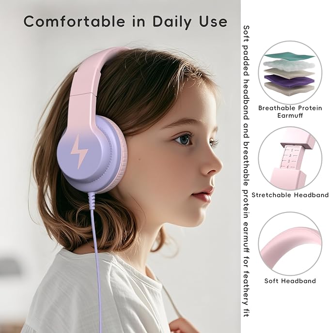 Candy Bila Kids Headphones, Wired Headphones for Kids Over Ear with Microphone, 85/94dB Volume Limiter Headphone for Girls Boys, Foldable Headphone for Learning & Entertainment, Gradient Pink