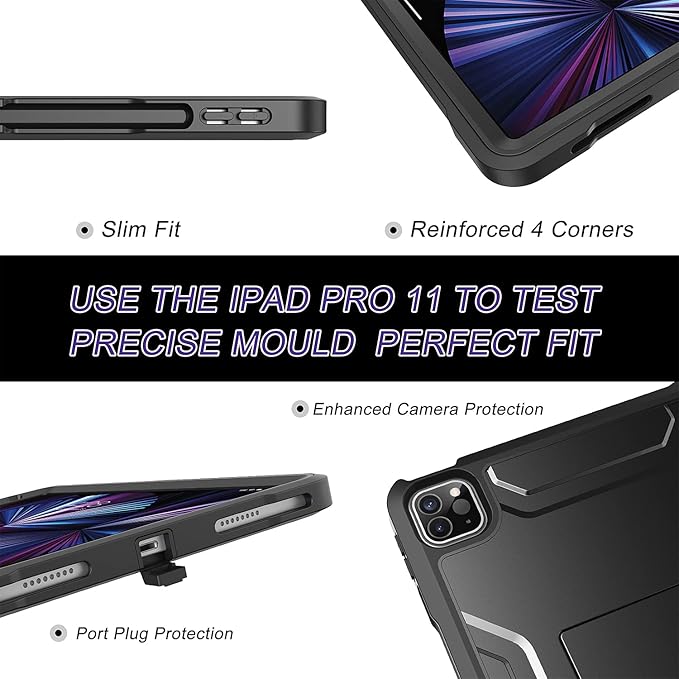 Soke Case for iPad Pro 11 Inch 2022/2021/2020/2018/iPad Air 5th/4th Generation,Built-in Screen Protector - Support 2nd Apple Pencil Charging - Heavy Duty Rugged Protective Kickstand Case - Black