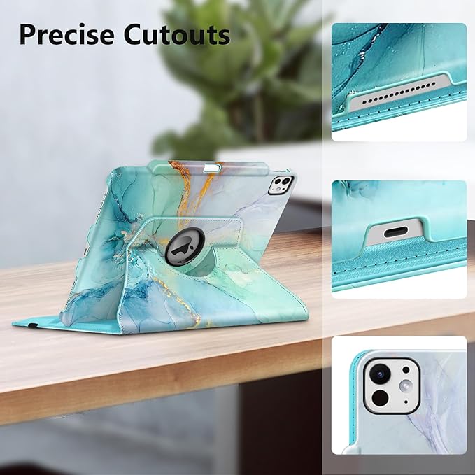 Fintie Rotating Case for iPad Pro 13-inch (M5) 2025 / (M4) 2024 with Pencil Holder - 360 Degree Swiveling Protective Stand Cover with Auto Wake/Sleep, Emerald Marble