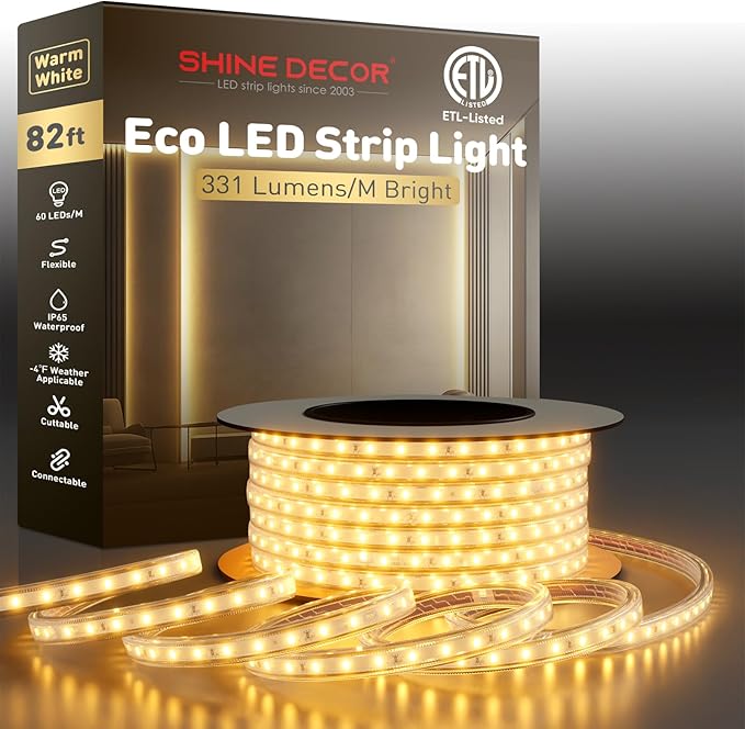 Shine Decor LED Strip Light Easy Connectable, 2800K Warm White Cold Resist Weatherproof Plug-in for Indoor Outdoor, 101 LM/FT Dimmable Bright Eco Rope Lighting 82FT, 120V Whole Set ETL Listed