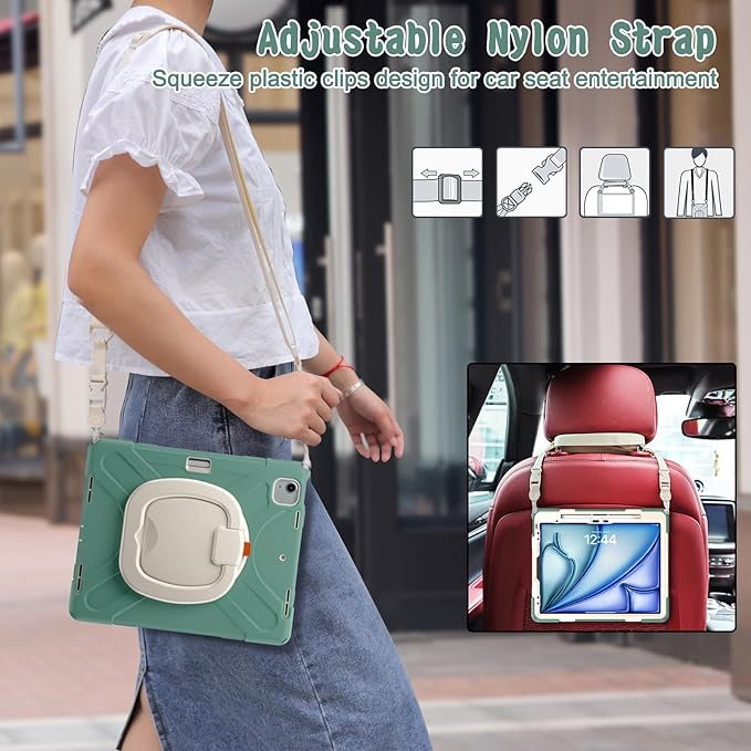 SCSVPN Case for iPad Air 13 inch M4/M3/M2 (2026/2025/2024) & iPad Pro 12.9 Case 6th/5th/4th/3rd Gen 2022 2021 2020 2018, Protective Cover with Pencil Holder-Stand-Handle-Shoulder Strap, Emerald Green