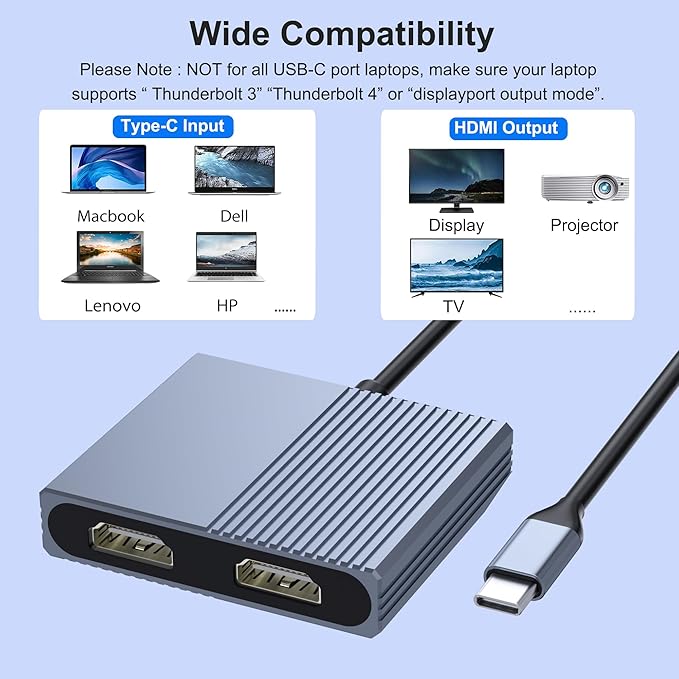 Dual HDMI Adapter for 2 Monitors, Double 4K@60Hz HDMI Splitter for dual monitors, Dual Monitor Adapter, hdmi Splitter Extended Display, USB C Laptop Docking Station Dual monitor for Dell/Mac/HP/Lenovo
