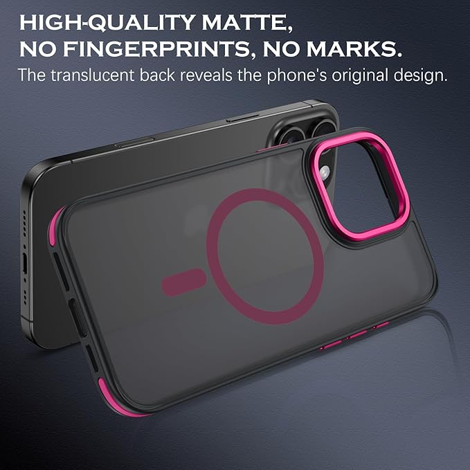 YINLAI Case for iPhone 16 Pro 6.3-Inch, iPhone 16 Pro Phone Case Magnetic [Compatible with Magsafe] Slim Translucent Matte Men Women Girls Shockproof Protective Back Cover, Black/Hot Pink