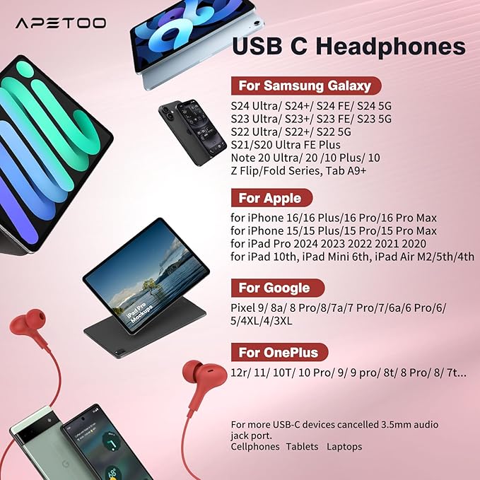 APETOO USB C Headphones for iPhone 17/16/15 Wired Earbuds for Samsung Galaxy S26/S25/S24/S23/S22 Magnetic Noise Isolating in-Ear Type C Earphones with Mic Volume Control for iPad 10/Pixel/Android, Red