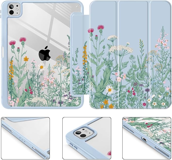 May Chen for iPad Pro 13 Inch Case M5 2025 / M4 2024, Built Pencil Holder & Clear Transparent Print Back Shell Slim Stand Shockproof Tablet Cover, Auto Wake/Sleep, Herbs Flowers