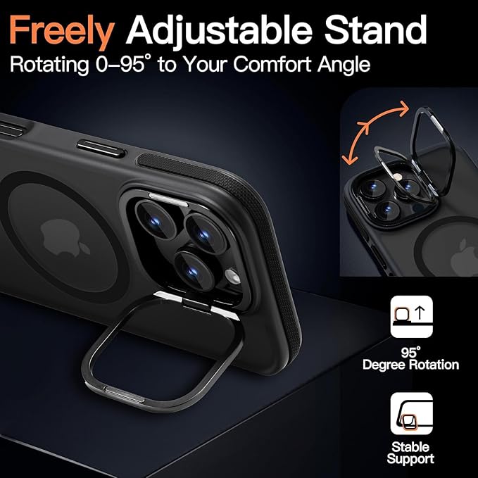 Magnetic case for iPhone 16 Pro [10Ft Military-Grade Protection] Built-in Camera Stand Phone case, Compatible with fit MagSafe Shockproof Slim Thin Cover 6.3 inch,Black Bumper Stand