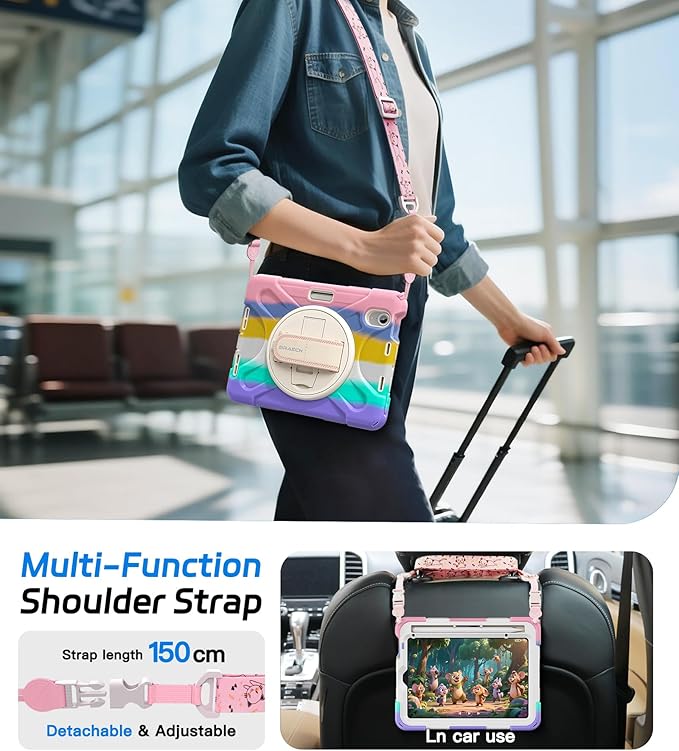 BRAECNstock Kids Case for Apple iPad mini 7 (A17 Pro) 2024/ Mini 6 8.3" Shockproof Protective iPad mini 7th/6th Gen Case with Screen Protector Pen Holder [Rotating Stand+Hand Strap], Colorful Pink