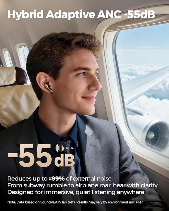 SoundPEATS Air5 Pro+ Wireless Earbuds, xMEMS Warm Treble Hi-Res Audio, LDAC & aptX Lossless, Hybrid Driver Earbuds with 10mm Composite Speaker, 55dB AI Adaptive ANC, Bluetooth 5.4, Weightless Comfort,