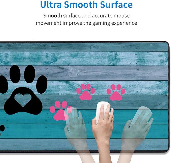 Extended Gaming Mouse Pad with Stitched Edges, Large Anti-Slip Mouse Pad (31.5x11.8 Inches) Desk Pad Keyboard Pad + Coaster for Work/Gamer/Home, Black and Pink Dog Paw Prints