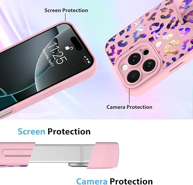 KANGHAR Compatible with iPhone 16 Pro Case, Support for MagSafe, Silicone Cute Iridescent Leopard Cheetah Pattern, Wristband Kickstand Shockproof Protective Slim Cover for Women Girls, Pink
