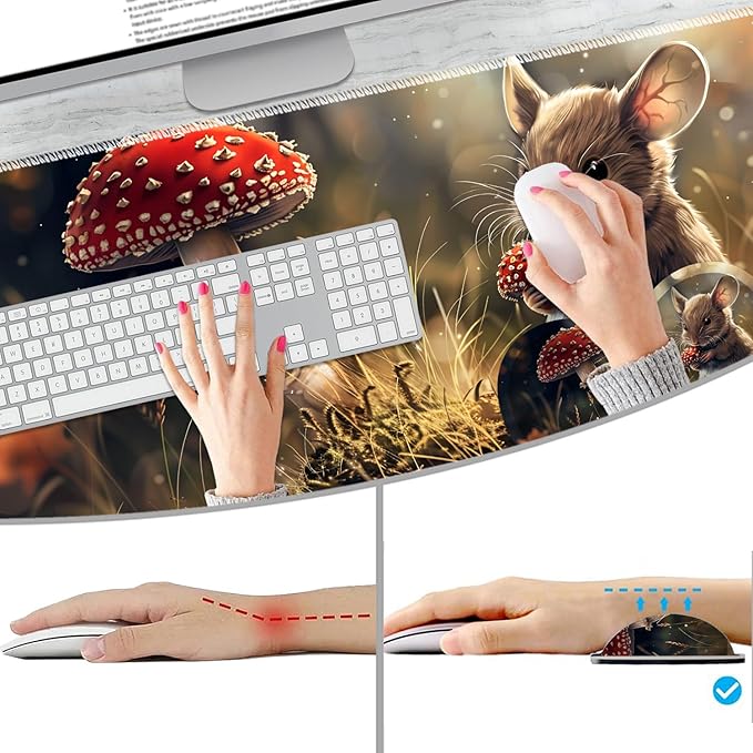 Extended Non-Slip Mouse Pad + Mouse Wrist Rest + Lace-Shaped Coaster Set, Ergonomic Design, Suitable for Desk and Home Gaming Table Mat, Hamsters and Mushrooms