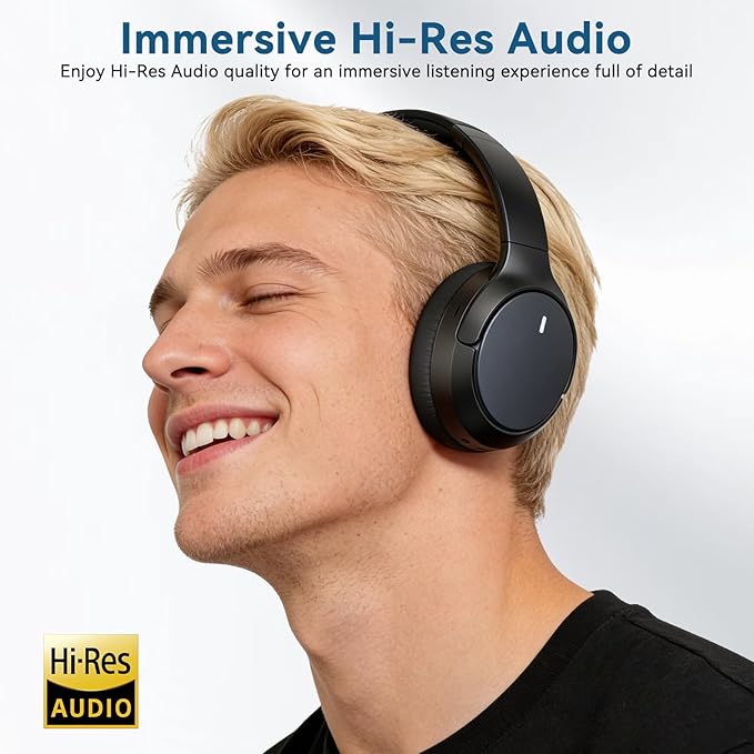 Hybrid ANC Wireless Over-Ear Headphones, 100H Playtime, Hi-Res Audio, Bluetooth 6.0, Multi-Mode Noise Cancellation, Comfort Fit, iOS & Android Compatible, Foldable Design, Travel-Friendly (Black)