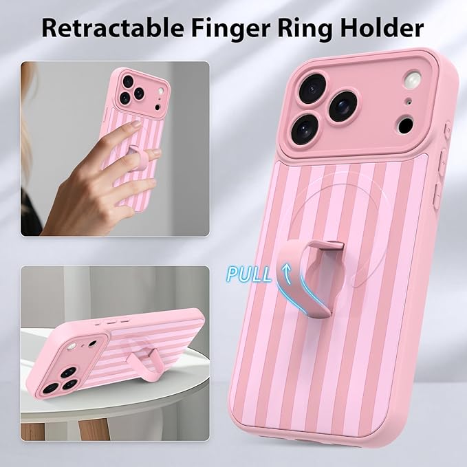 KANGHAR Compatible with iPhone 17 Pro Max Case, Support for MagSafe, Silicone Stripes Cute Pattern, Wristband Kickstand Camera Protection Soft Slim Cover for Girls Women -Pink