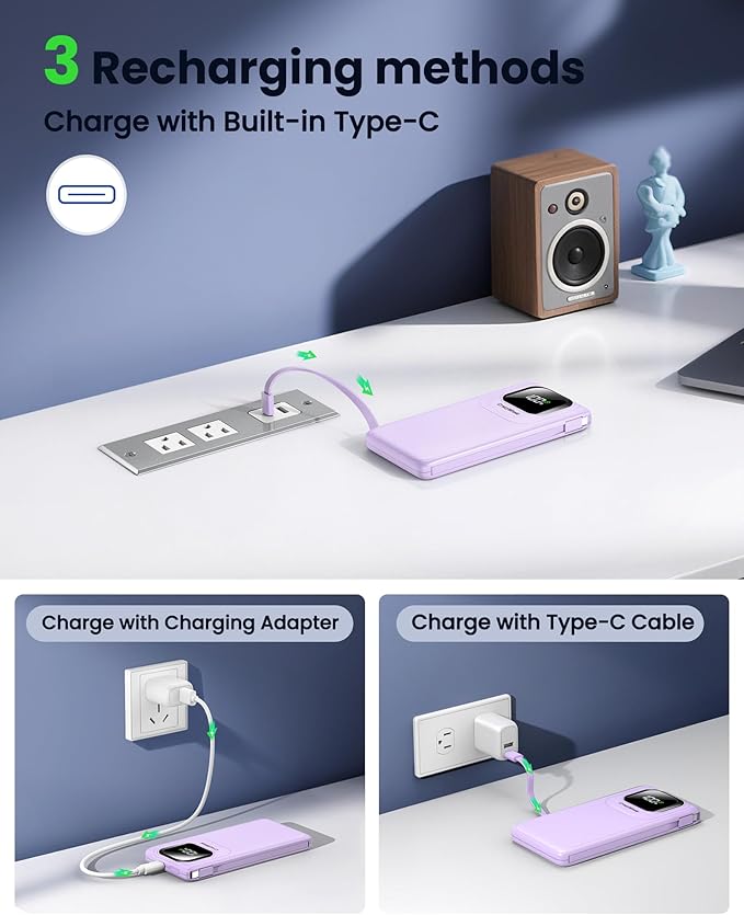 Portable Charger with Built-in Cables,22.5W Super Fast Charging Power Bank Slim Phone Charger,10000mAh Travel Battery Pack Battery Bank with Smart LED Display for iPhone, Android & USB-C (Purple)
