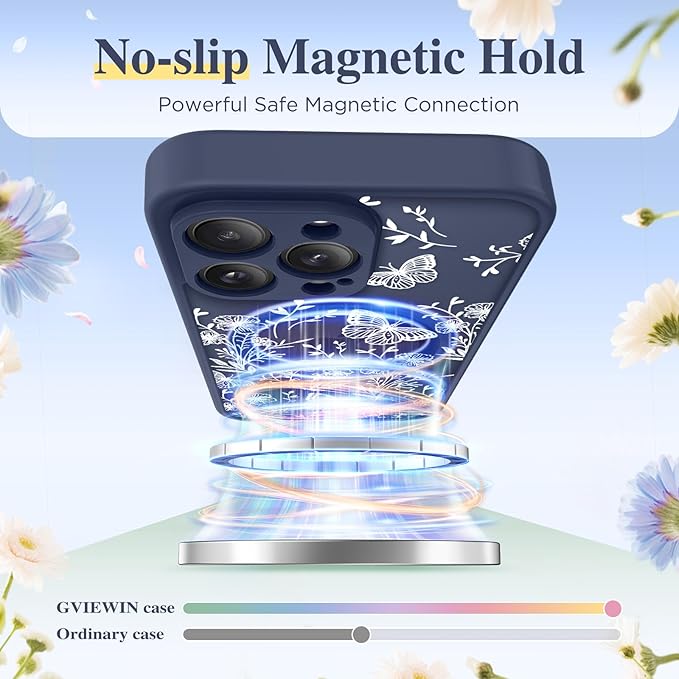 GVIEWIN for iPhone 16 Pro Case Compatible with MagSafe, [Military Grade Protection] [Screen Protector] Full Camera Protection Floral Translucent Women Magnetic Phone Case, Tuberose/Blue