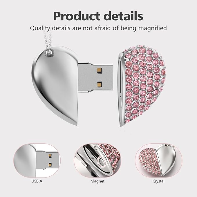 USB 2.0 Flash Drive,Cute Romantic Heart Shape USB Memory Stick,Thumb Drive for Photos, Music, Files Storage (Pink, 32, GB)