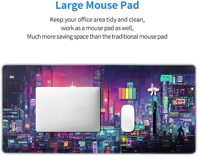 Retro Japanese Anime Gaming Mouse Pad Extended 3XL Cool Dark Purple Red Vaporwave City Large Desk Mat Big Mousepad Non-Slip Rubber Base Stitched Edge Long Desk Pad for Desktop Computer,47.2×23.6 in
