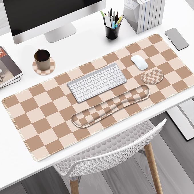 Beige Khaki Checkered Mouse Pad Set, 4 in1 Large Gaming Ergonomics Keyboard Desk Mat with Memory Foam Wrist Rest, Extended Game Mousepad, Non-Slip Desk Pad Matt Easy Typing Pain Relief