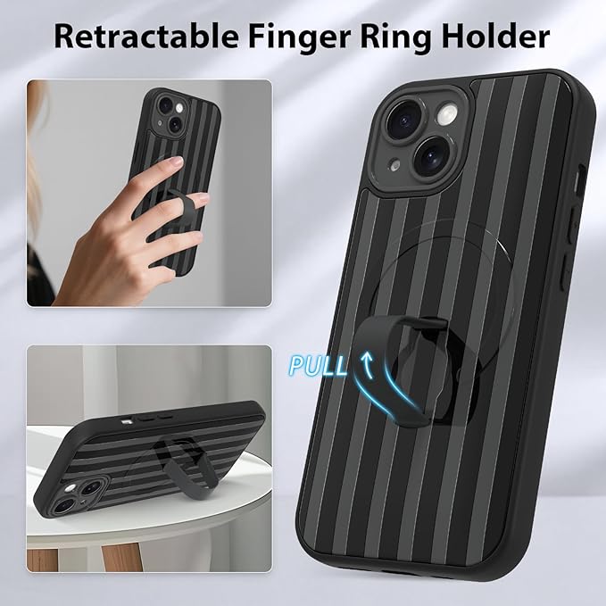 KANGHAR Compatible with iPhone 15 Case, Support for MagSafe, Silicone Stripes Cute Pattern, Wristband Kickstand Camera Protection Soft Slim Cover for Girls Women -Black