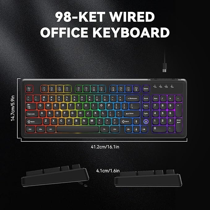Ajazz AF98 Wired Office Keyboard, Ergonomic, RGB Lighting, Multimedia Function Keys, Adjustable Stand, Suitable for Windows Vista/XP/7/8/10/11 Mac, Andord.