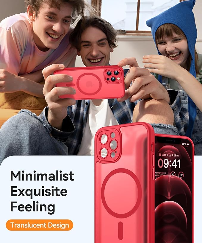 CANSHN Magnetic Compatible with iPhone 12 Pro Case, Upgraded [Full Camera Protection] [Compatible with Magsafe] [Translucent Matte] Shockproof Protective Phone Cover 6.1 Inch - Red