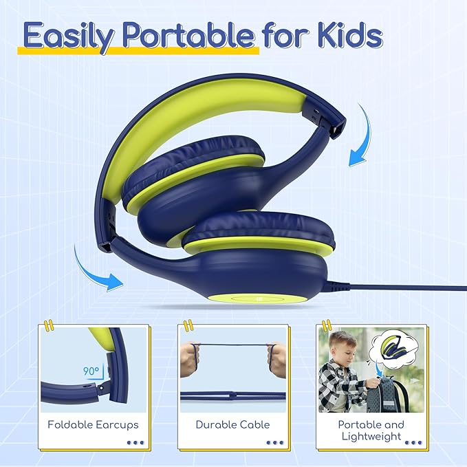 EarFun Kids Headphones Wired with Microphone, 85/94dB Volume Limit Headphones for Kids, Portable Wired Headphone with Shareport, Stereo Sound Foldable Headset for School/Tablet/iPad, Blue Lemon