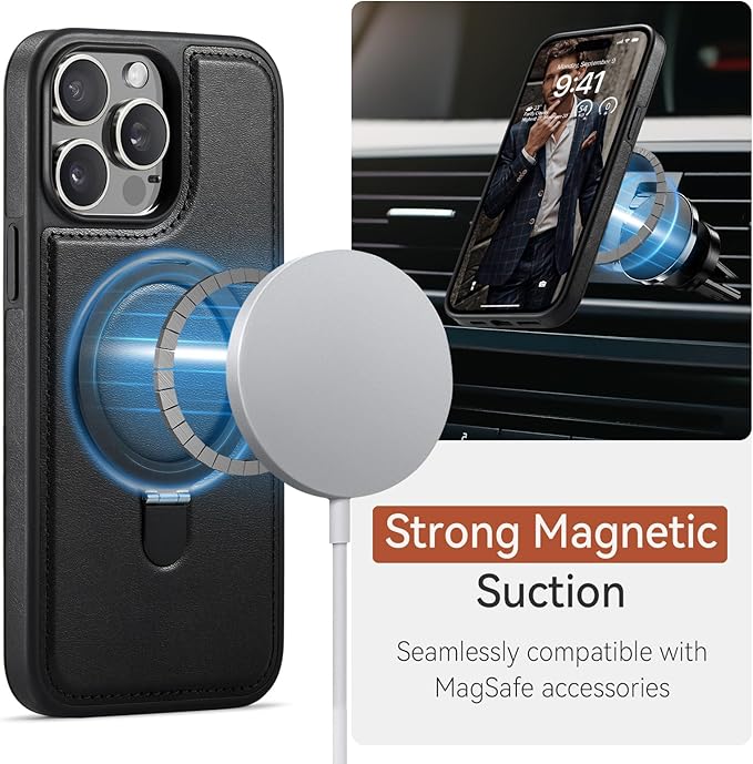 Compatible with iPhone 15 Pro Max Case with Stand, Compatible with MagSafe, Slim PU Leather & Durable TPU Protective Cover Drop-Proof with Tempered Glass Screen Protector 6.7", Black
