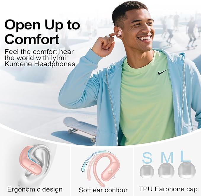xiwxi Wireless Earbuds Bluetooth Headphones,Over Ear Buds for Sport with Deep Bass Sound,60Hrs Playtime Earphones Designed Comfort Fit with Earhooks for Running,Meeting,Workout-Pink
