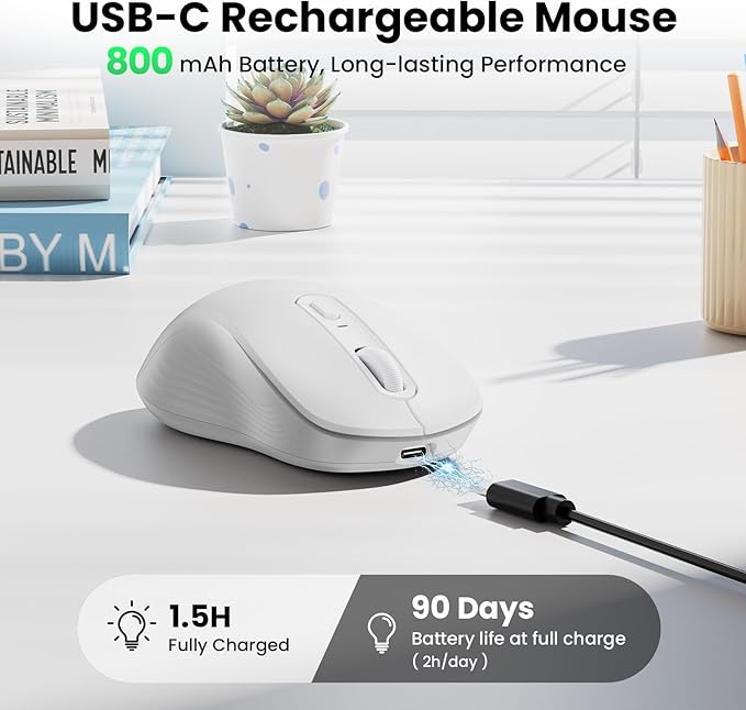 TECKNET Rechargeable Bluetooth Mouse, [ USB + BT5.0 + BT3.0 ] Wireless Mouse, Ergonomic Design, Silent Click, 6-Level 4800 DPI Wireless Mice, 3-Device Switching for Laptop, Computer, MacBook（White）