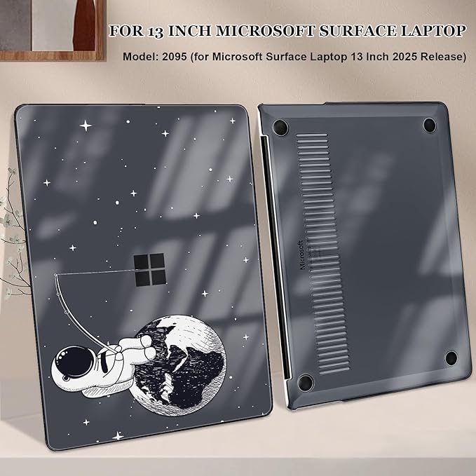 Slim Protective Case for 13 inch Microsoft Surface Laptop 2025 Copilot+PC Model 2095, Lightweight Anti-Scratch Printed Pattern Crystal Black Plastic Hard Shell Case Cover, Astronaut Earth