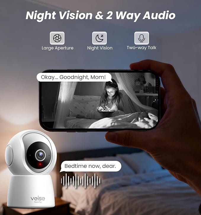 Veise 2K Indoor Camera for Home Security, 360° Wireless WiFi Pet & Baby Monitor with Phone App, AI Motion Detection, 2-Way Audio, Night Vision, SD/Cloud Storage, Works with Alexa & Google Home, 2.4GHz