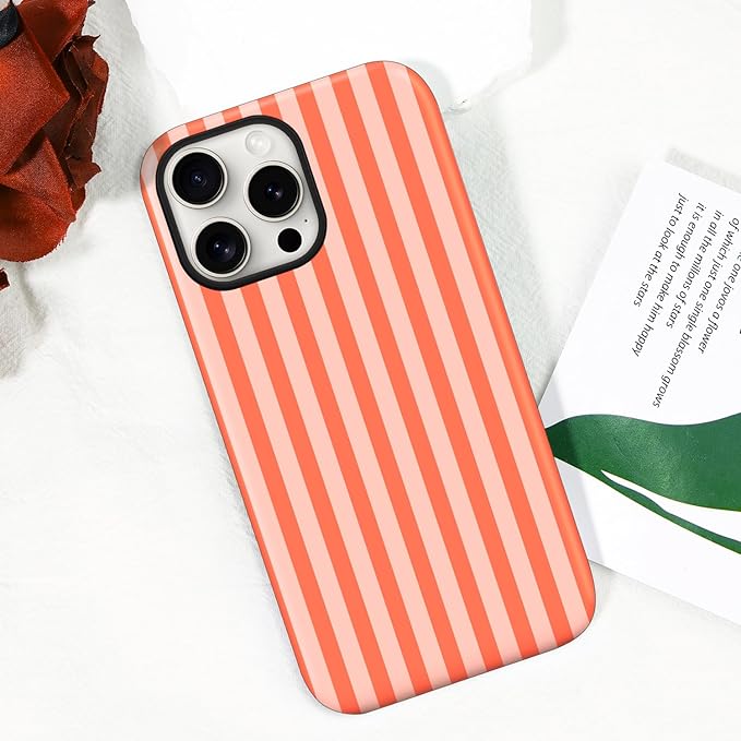 Magnetic for iPhone 15 Pro Case Cute Stripes Phone Case, Shockproof Slim TPU and Hard PC Protective Phone Cover Compatible with MagSafe Designed for Women Girls, Deep Orange