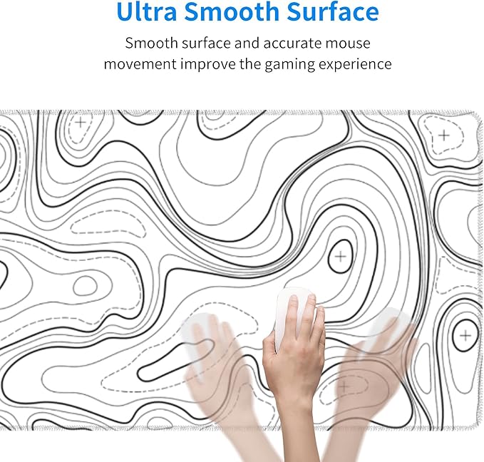 White Topographic Contour XL Gaming Mouse Pad Extended Long Large Mousepad with Stitched Edges Laptop Desk Pad Computer Keyboard PC Mouse Mat Nonslip Rubber Base for Company Office Gamer