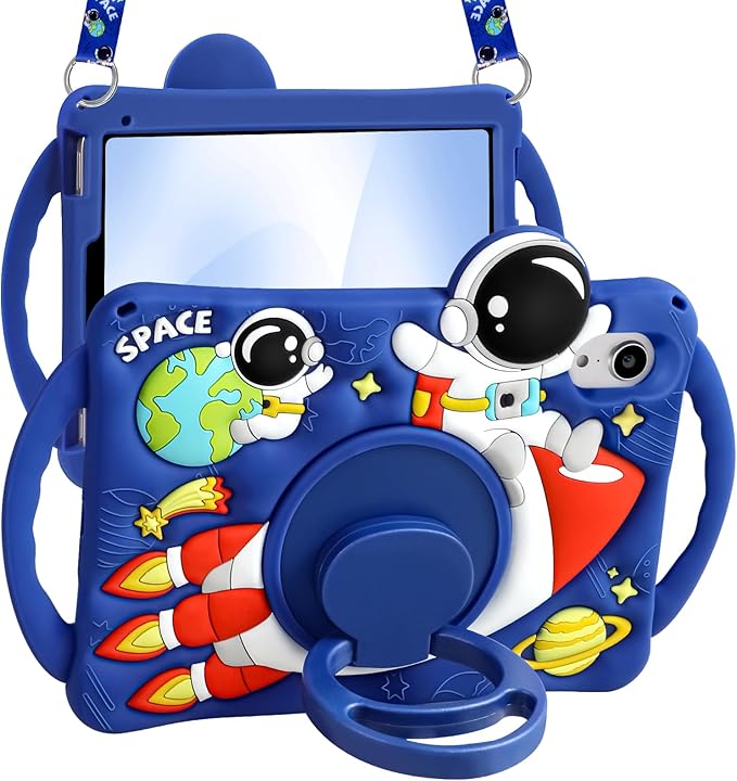 Boaretiu Kids Case for iPad mini 7 (A17 Pro)/mini 6 Generation 8.3 Inch - Cute Cartoon Astronaut Spaceship Silicone Case with Strap & Rotating Stand Soft 3D Tablet Cover for Boys Teens