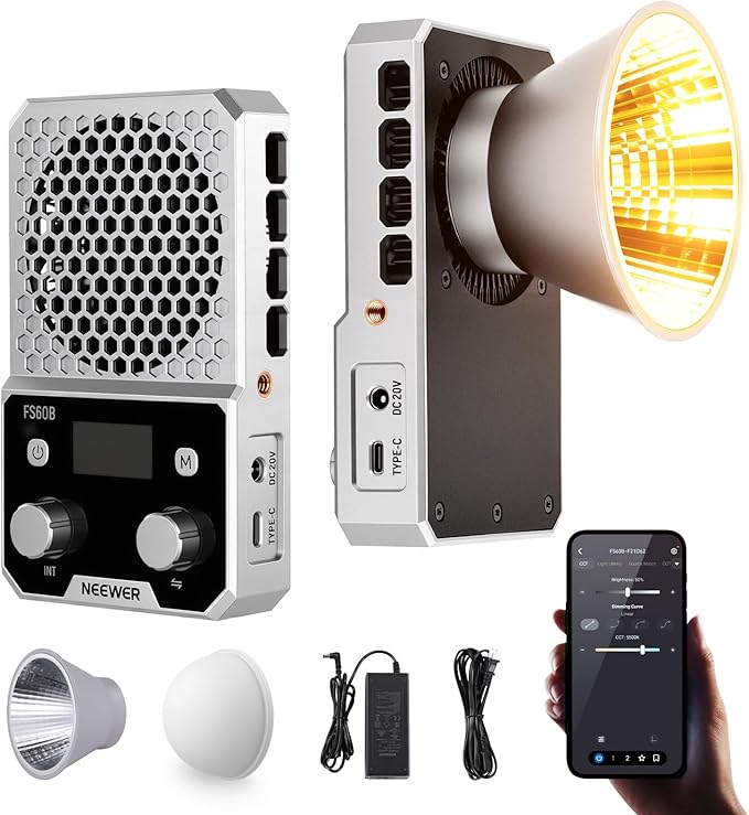 NEEWER 60W Compact Pocket Bi Color LED Light with APP & Panel Control, COB Continuous Output Lighting with 2700K-6500K/CRI96+, Portable for Professional Studio Photography Video Recording, FS60B