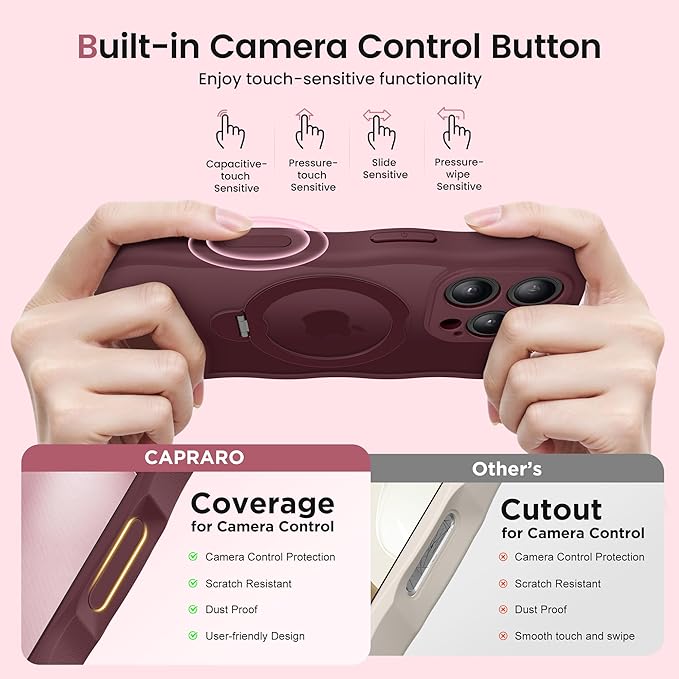 CAPRARO for iPhone 16 Pro Case with 360° Spin Magnetic Stand for Women, [Compatible with MagSafe] [Full Camera Protection] Cute Wave Translucent Matte Case for iPhone 16 Pro, Wine Red