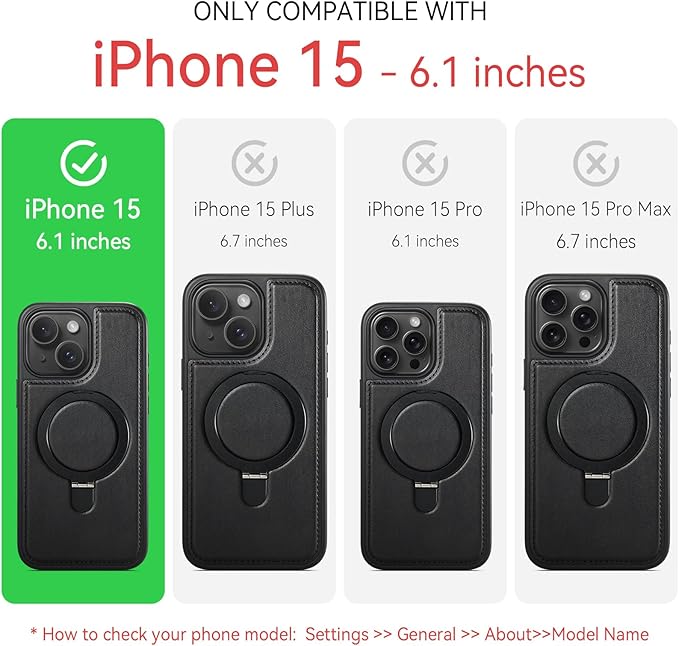 for iPhone 15 Case with Stand Compatible with Magsafe Slim PU Leather & Durable TPU Drop Proof Magnetic Kickstand Protective Phone Cover with Tempered Glass Screen Protector 6.1", Black
