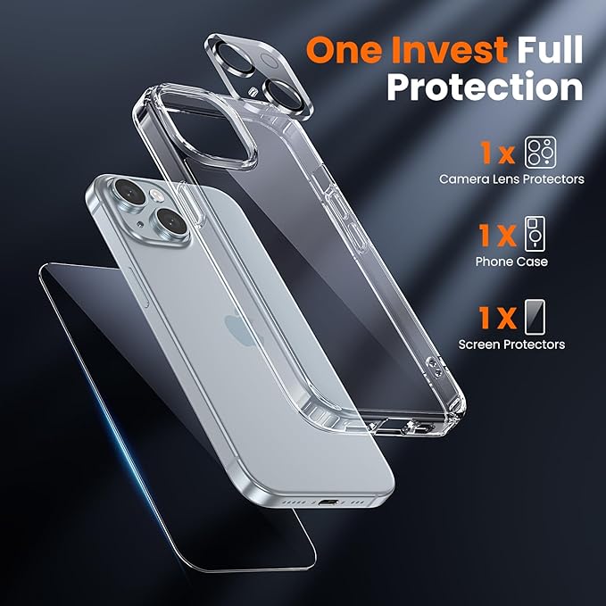 toushion 3 in 1 for iPhone 15 Plus Case Clear,[Yellowing-Resistant Acrylic Back] Screen Protector *1 & Camera Lens Protector*1, Shockproof for iPhone 15 Plus Phone Case 6.7 inch Clear