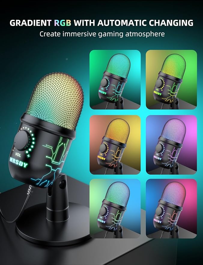MRSDY Gaming Microphone, USB Computer Microphone for PC, Mac, PS4/5, Condenser Podcast Mic for Studio Recording, YouTube, Streaming, with Headphone Jack, Led Light, Mute, Gain, Noise Cancellation