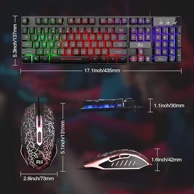 Rii Keyboard and Mouse Set, Rainbow LED Backlit Multimedia PC Keyboard, Colorful Breathing Backlit Gaming Mouse for Work or Play